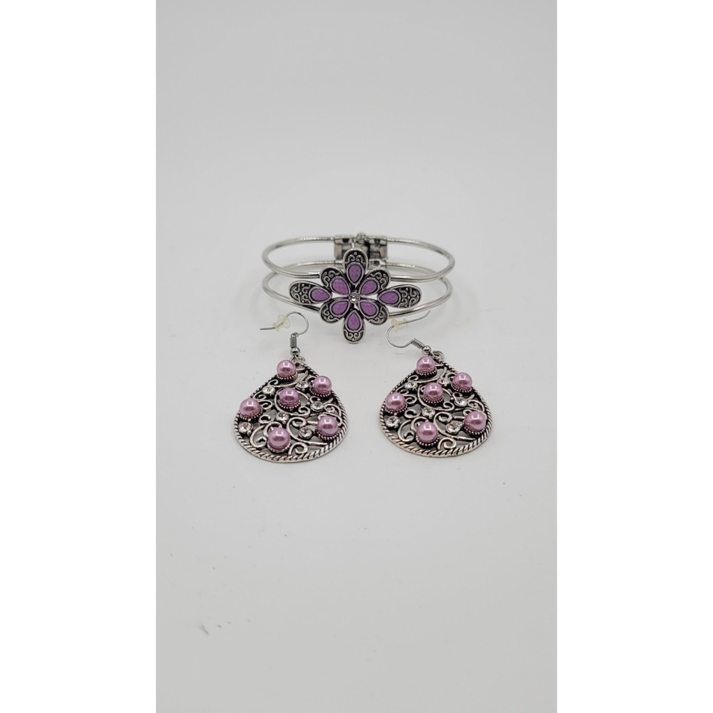 Paparazzi Go With The Florals Purple Hinged Bracelet & Earring Set - Picture 6 of 7